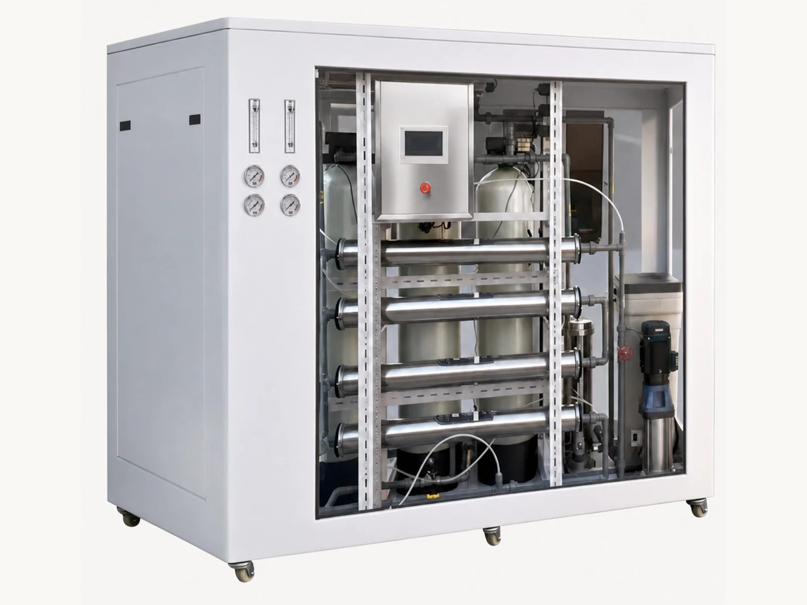 Enclosed single-pass reverse osmosis system with removable cabinet, integrated indication and caster-mounted construction