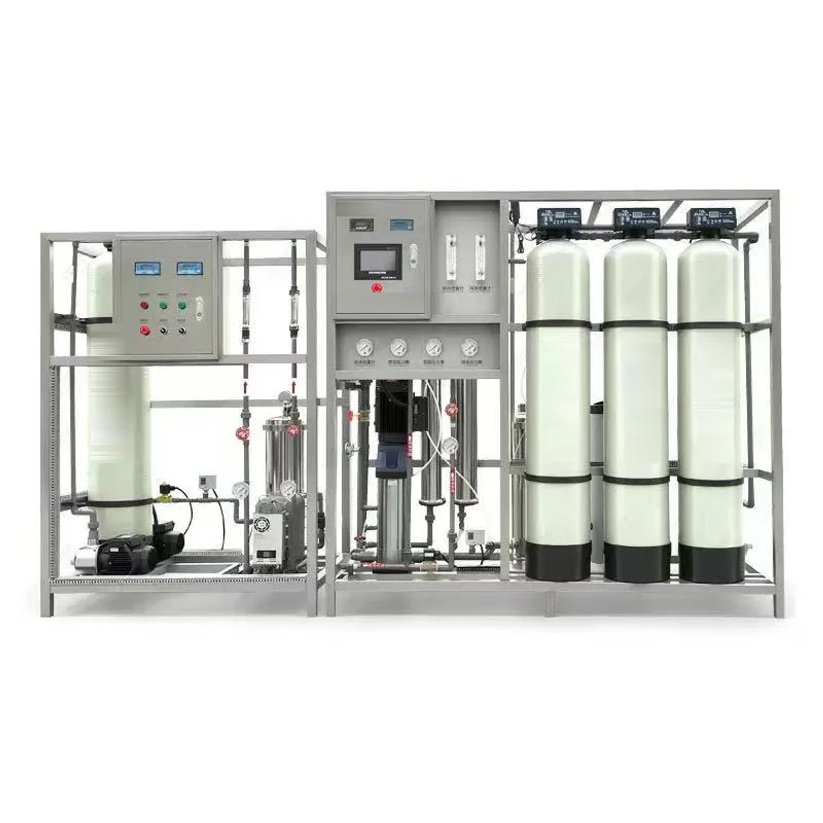 Complete white-background RO and EDI ultrapure water system with pretreatment vessels, pumps, piping and control cabinets