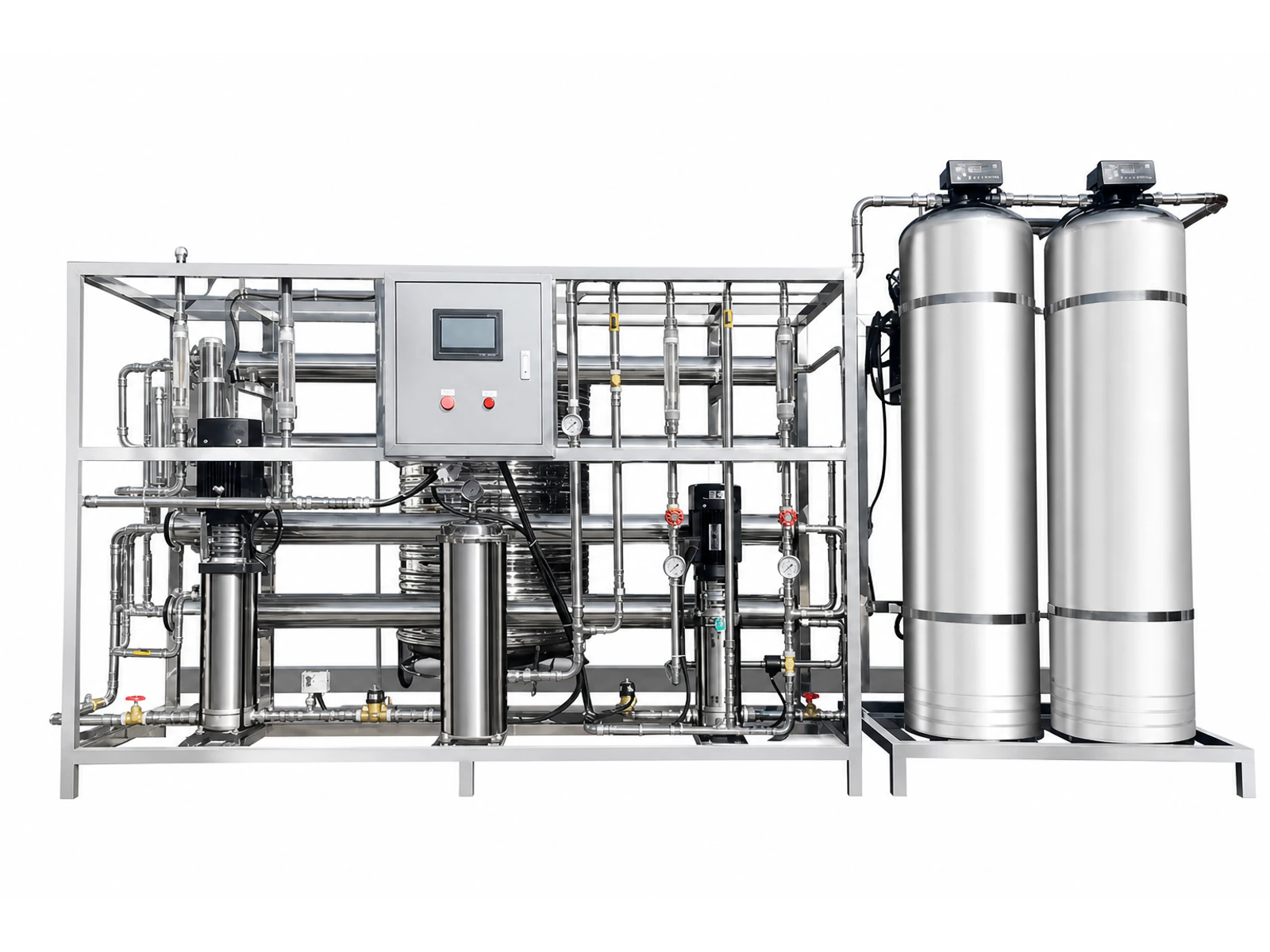Complete stainless-steel double-pass reverse osmosis system with two pretreatment vessels, pumps, membrane housings, piping and control cabinet