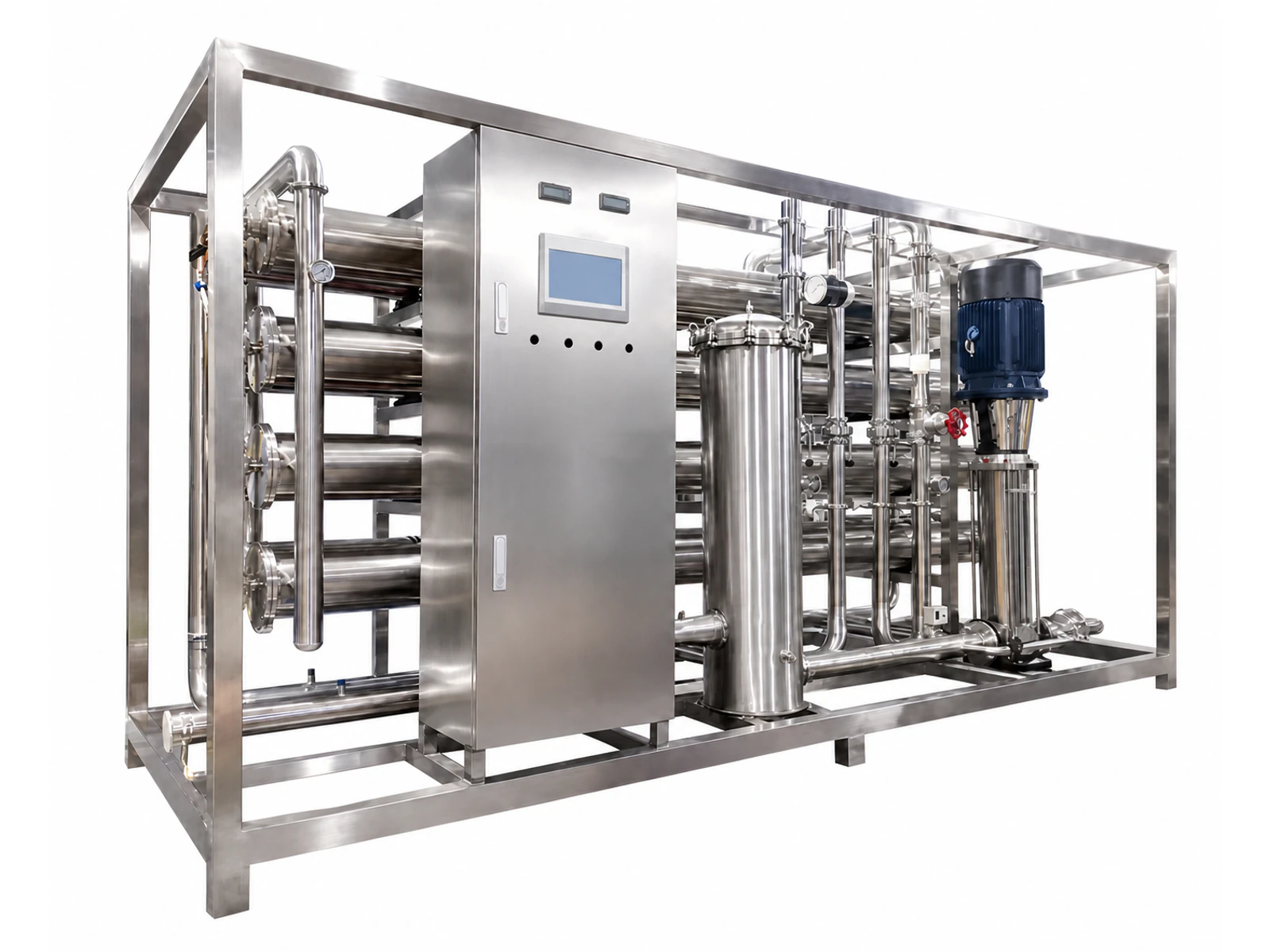 Industrial water softening and purification system with a complete 304 stainless-steel frame, control cabinet, membrane housings, filter housing, pump and process piping